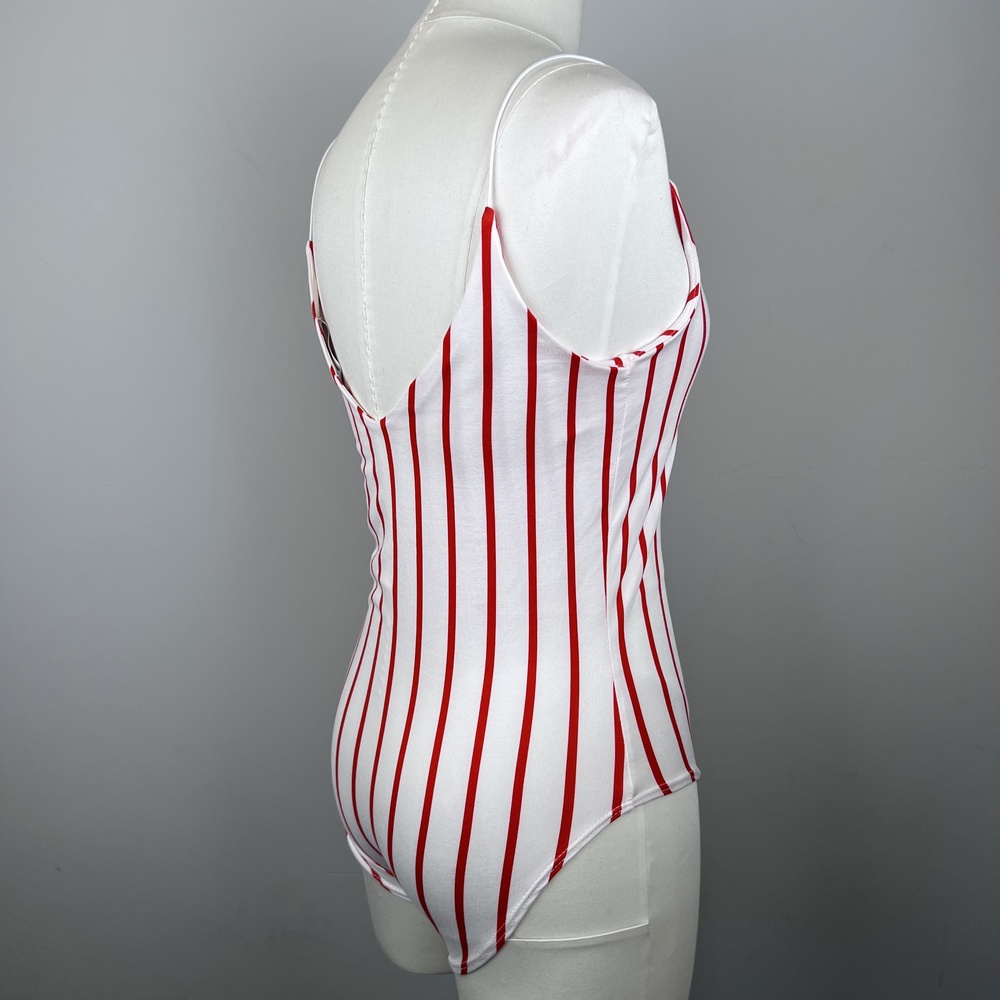 ON THRED UP - Gaze Red&White Striped Bodysuit Tank Rope Strap Double Lining - Picture 6 of 15